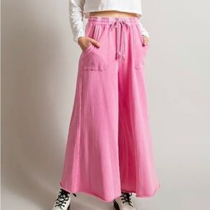 NEW Easel Washed Terry Knit Wide Leg Pants Barbie Pink Size Small Fit Like 8-10